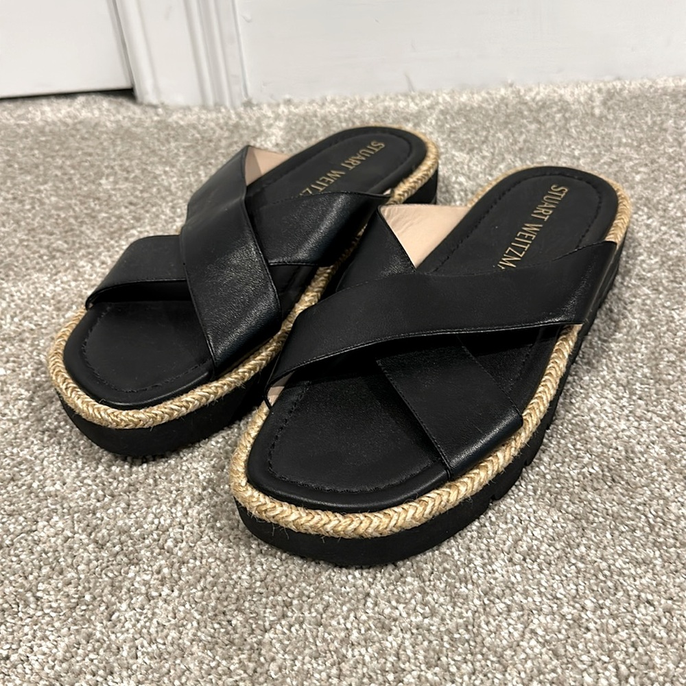 Stuart Weitzman Women’s Roza Lift Slides Sandals Size 10.5 Leather Luxury EUC